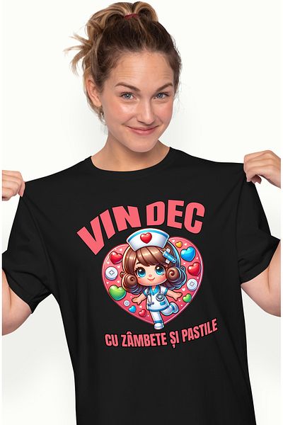 StoryGift Romania Tricou Femei Fata Doctorita Vesela Text Vindec Cu Zambete Si Pastile Cu Imprimeu Blk_l
