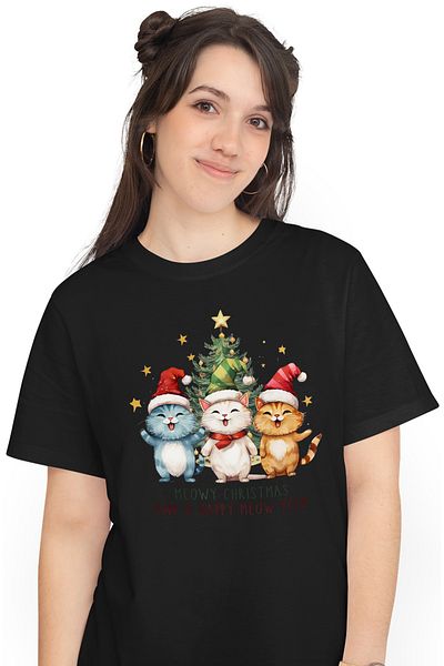 StoryGift Romania Tricou Femei Cu Pisoi Cu Mesajul "meowy Christmas And A Happy Meow Year", Craciu Blk_l