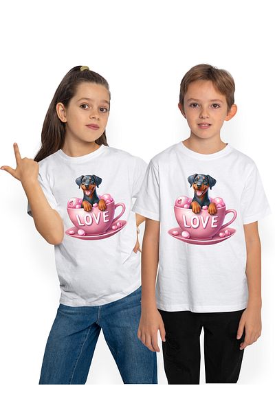 StoryGift Romania Tricou Copii Cu Un Catel Care Sta Intr-o Ceasca, Ilustratie, Mesajul "love", Negru Si Maro