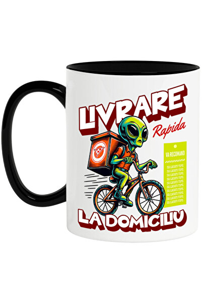 StoryGift Romania Cana Cu Extraterestru Curier Cu Bicicleta Si Cutii De Pizza...