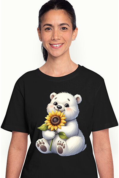 StoryGift Romania Tricou Femei Cu Un Urs Polar Care Tine O Floare, Ilustratie...
