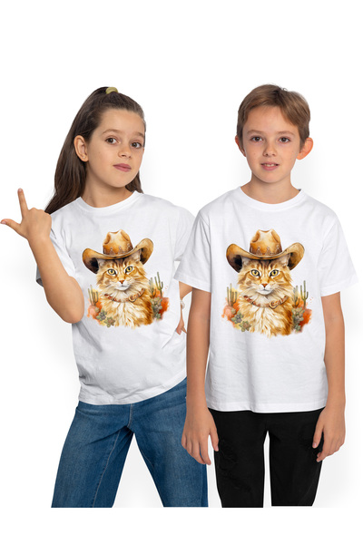 StoryGift Romania Tricou Copii Cu O Pisica, Ilustratie, Palarie De Cowboy, Ca...