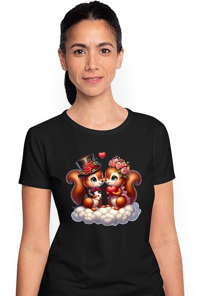 StoryGift Romania Tricou Femei Cu 2 Veverite Fericite, Ilustratie, Relatie, Valentine's Day, Aprec Blk_l