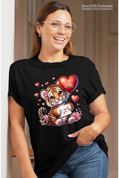 StoryGift Romania Women's T-shirt with a tiger cub holding a heart-shaped balloon, illustration BLK_L
