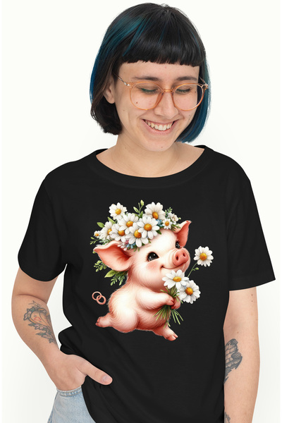 StoryGift Romania Tricou Femei Cu Un Purcelus Care Tine Cateva Floricele Albe...