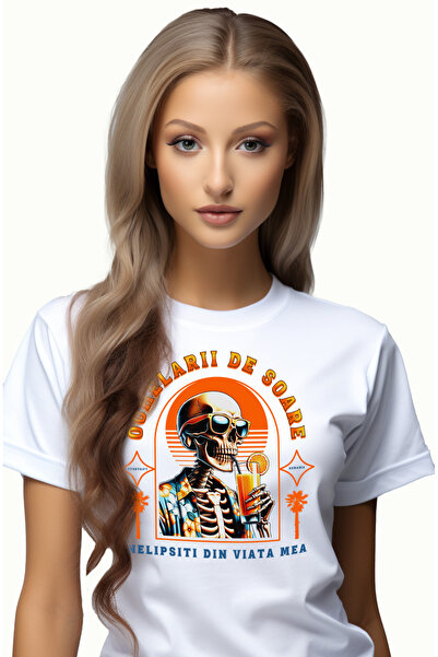 StoryGift Romania Tricou Femei Ochelarii De Soare Nelipsiti Schelete La Plaja Cu Imprimeu Pe Fata, Wht_m