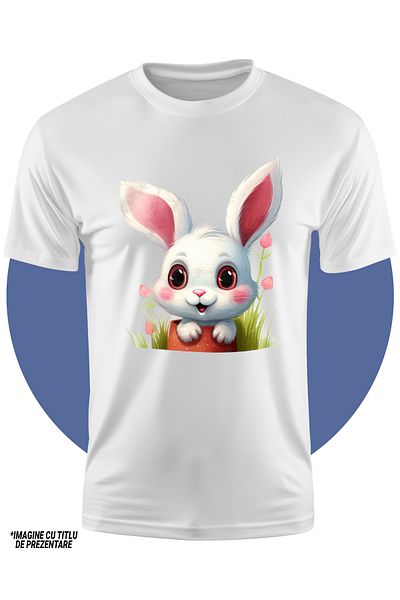 StoryGift Romania Tricou Copii Cu Un Iepuras Curios, Jucaus, Ilustratie, Floricele, Plante, In Natura, Aer C