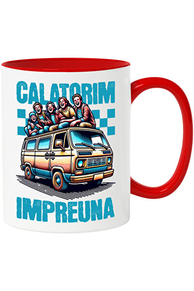 StoryGift Romania Cana Calatorim Impreuna Grup De Prieteni Aventura, 330ml, Ceramic Cu Maner Rosu, Cu Maner Rosu Stg