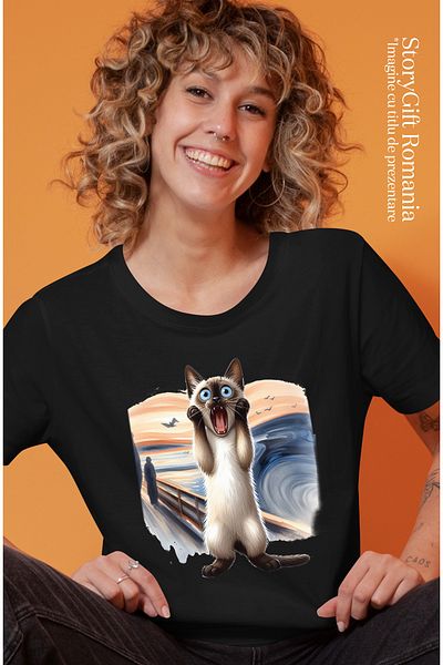 StoryGift Romania Tricou Femei Cu Pisica Speriata/uimita, Mainile Ridicate, Ilustratie, Pictura Ce Blk_l