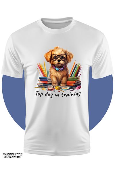 StoryGift Romania Kids T-shirt with a puppy with glasses, illustration, the message "Top dog in training", training, STG4