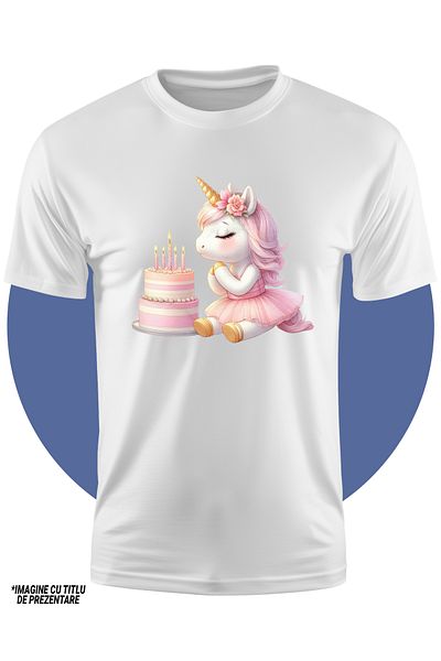 StoryGift Romania Tricou Copii Cu Un Unicorn La Aniversare, Ilustratie, Tort, Lumanari Aprinse, Floare, Emot