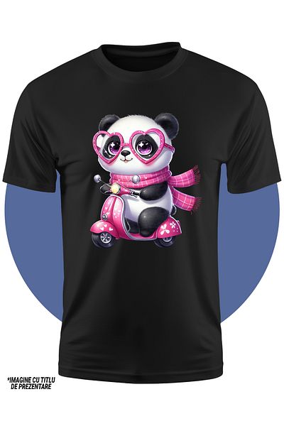 StoryGift Romania Tricou Copii Cu O Ursoaica Panda Care Conduce Un Scuter, Plimbare, Viteza, Fular, Ochelari