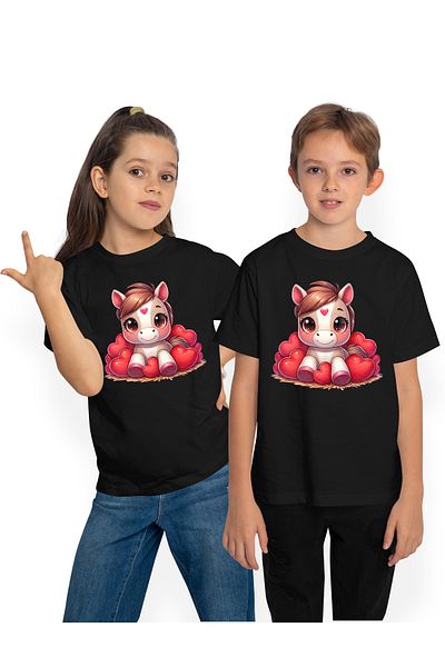 StoryGift Romania Tricou Copii Cu Un Calut Vesel Care Are O Inimioara Pe Frunte, Multe Inimi In Jur, Fericir