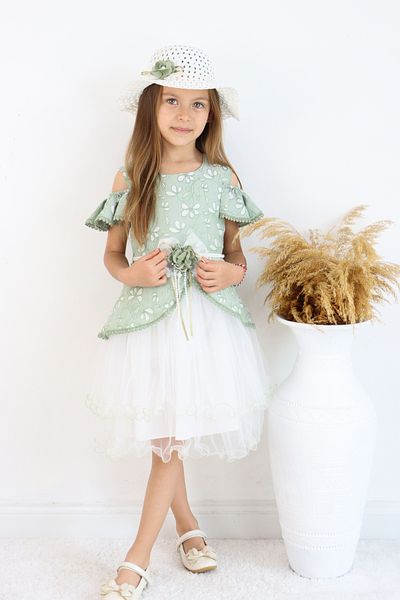 FESSHERA 🎀   Girls' Special Occasion Dress Hat and Belt Set - Floral Print, Tulle, and Hat Design 🎀