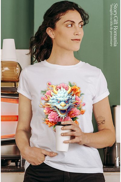StoryGift Romania Tricou Femei cu un dragon chinezesc, ilustratie, floricele, roz, an nou, China, WHT_L