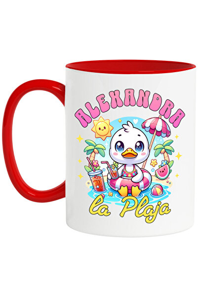 StoryGift Romania Cana Cu Ratusca Alba Cu Colac Si Cocktail La Plaja Text Alexandra Vacanta, Ceram, Cu Maner Rosu Stg