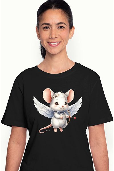 StoryGift Romania Women's T-shirt with a little Cupid mouse shooting a bow, illustration, falling in love BLK_L,STG64117