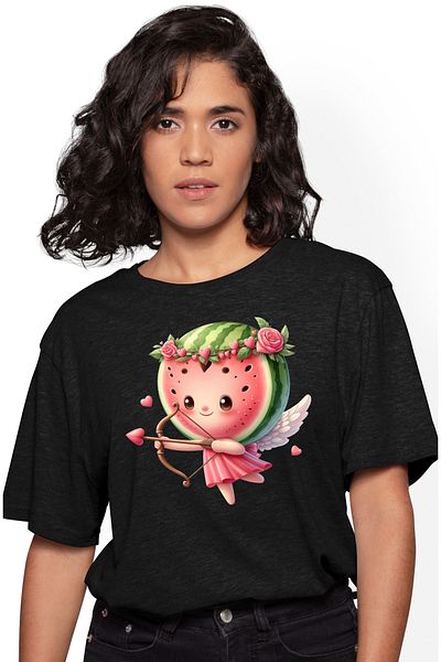 StoryGift Romania Women's T-shirt with a little Cupid, illustration, shooting a bow, watermelon head, fru BLK_L, STG62644