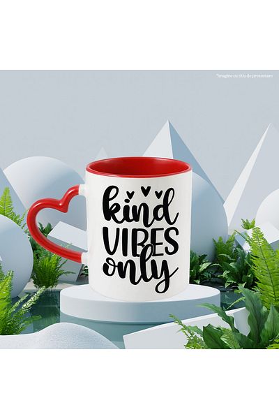 StoryGift Romania Mug with hearts and the text "Kind vibes only" - only good vibes, kindness with M, Cu, STG.