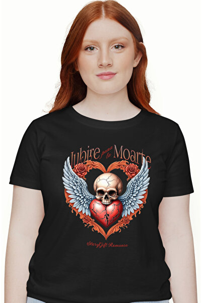 StoryGift Romania Tricou Femei Craniu Cu Aripi Inima Franta Iubire Pana Moart...