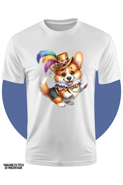 StoryGift Romania Tricou Copii Cu Un Catel Care Danseaza, Ilustratie, Palarie De Circ, Pene, Bucurie, Distra