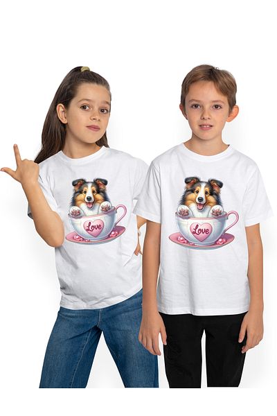 StoryGift Romania Tricou Copii Cu Un Caine Jucaus, Ilustratie, Sta Intr-o Ceasca, Vesel, Neastamparat, Energ