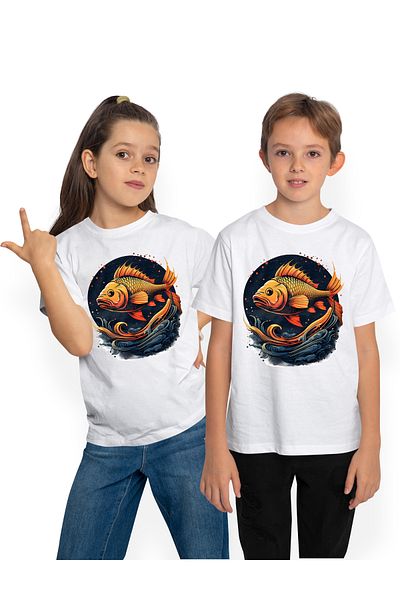 StoryGift Romania Tricou Copii Cu Un Peste, Ilustratie, Cerc, Apa, Mare, Pestisorul Auriu 100% Bumbac, Unis