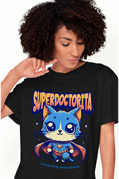 StoryGift Romania Tricou Femei Super Doctorita, Supererou, Pisica Zburand, Cu Imprimeu Pe Fata, 1 Blk_l