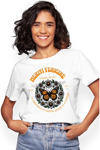 StoryGift Romania Tricou Femei Meriti Fericire - Fluture Cu Flori, Cu Imprime...