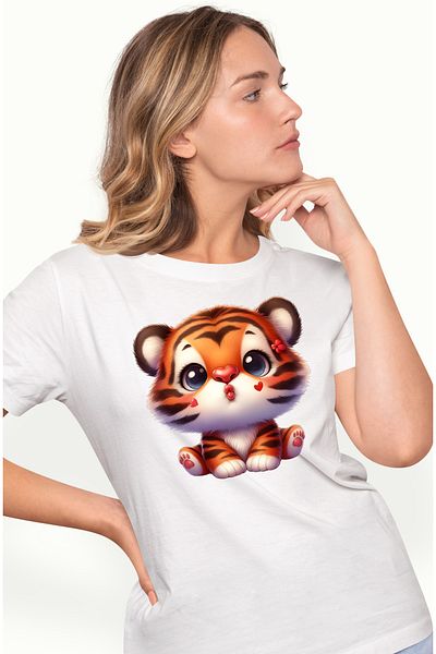 StoryGift Romania Women's T-shirt with a tiger cub giving a kiss, illustration, hearts, appreciation WHT_L,STG55405