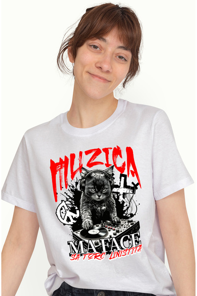 StoryGift Romania Tricou Femei pisica dj, muzica ma face s atorc linistita, iubtorii de motani cu WHT_L,STG61219