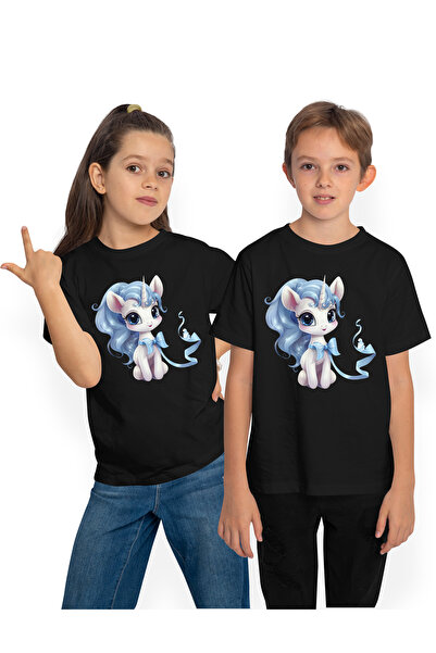 StoryGift Romania Tricou Copii Cu Un Unicorn Vesel, Ilustratie, Coama Albastr...