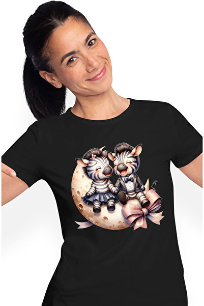 StoryGift Romania Tricou Femei Cu 2 Zebre Care Stau Pe Semiluna, Ilustratie, Funda, Rad, Se Simt B Blk_m