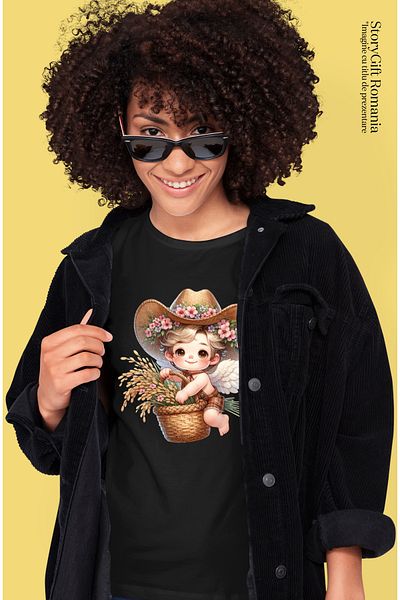 StoryGift Romania Tricou Femei Cu Un Bebelus Care Zboara, Tine Un Cos Cu Ierburi, Ilustratie, Pala Blk_m