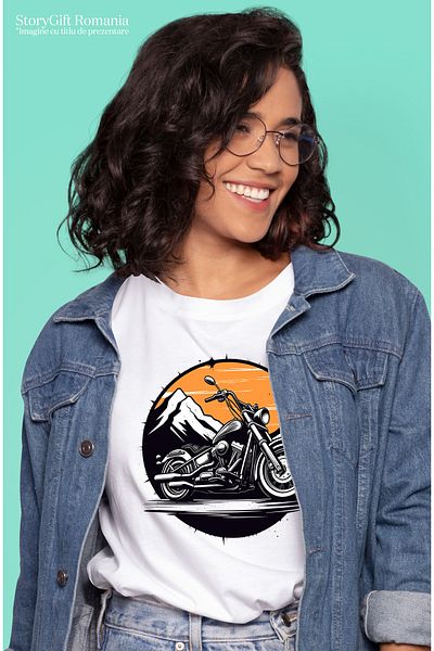StoryGift Romania Women's T-shirt with a motorcycle, illustration, mountain, circle, orange, white, black, WHT_L,STG57383