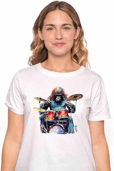 StoryGift Romania Tricou Femei Cu Un Cimpanzeu Care Bate La Tobe, Instrument Muzical, Ilustratie, Wht_l