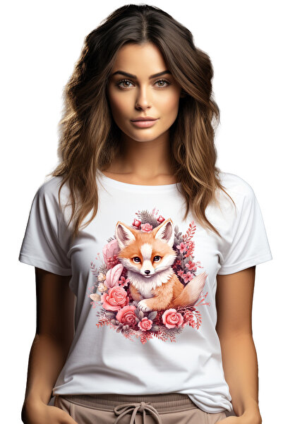 StoryGift Romania Tricou Femei Cu O Vulpe Inconjurata Cu Flori, Ilustratie, P...