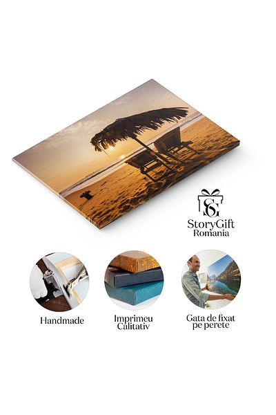 StoryGift Romania Tablou Canvas: Atmosfera De Seara Pe Plaja, Cu Sezlonguri Ce Se Decupeaza Pe Fundalul Apusului
