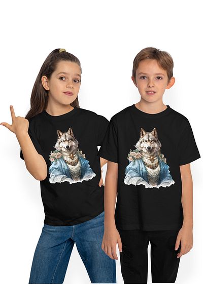 StoryGift Romania Tricou Copii Cu Un Lup In Haine De Epoca, Ilustratie, Flori, Bijuterii, Animal Salbatic, P