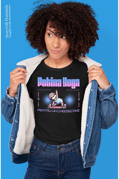 StoryGift Romania Women's T-Shirt Funny Lazy Animal Doing Yoga Text A Little Yoga For A Cheesecake BLK_L,STG59237