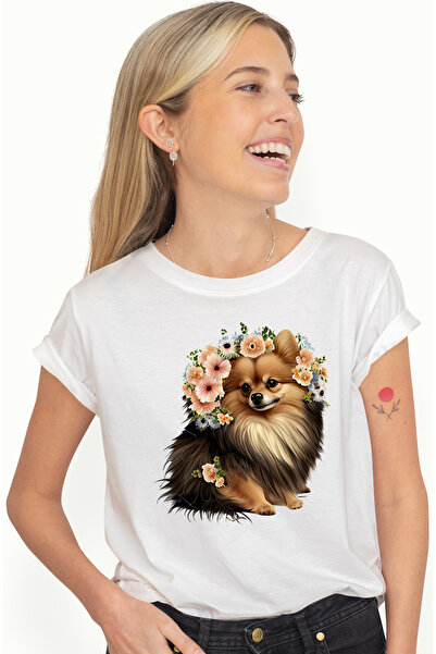 StoryGift Romania Tricou Femei Cu Un Catel Blanos Care Are Multe Floricele Di...