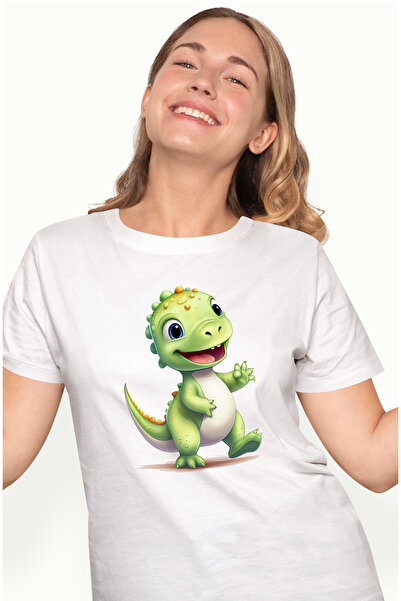 StoryGift Romania Tricou Femei Cu Un Dinozaur Verde, Ilustratie, Fericit, Vesel, Jucaus, Copilarie Wht_m