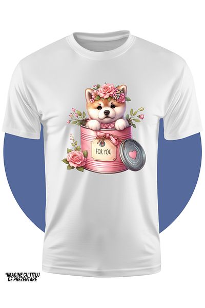 StoryGift Romania Tricou Copii Cu Un Catelus Akita Inu Care Iese Dintr-o Conserva, Ilustratie, Flori, Natura