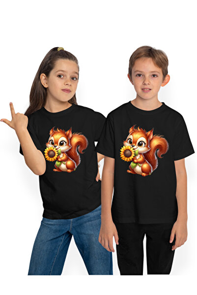 StoryGift Romania Tricou Copii Cu O Veverita Vesela Care Tine O Floare, Ilust...