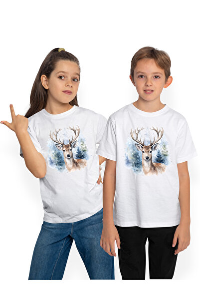 StoryGift Romania Tricou Copii Cu Un Cerb In Padure, Ilustratie, Ninge, Brazi...