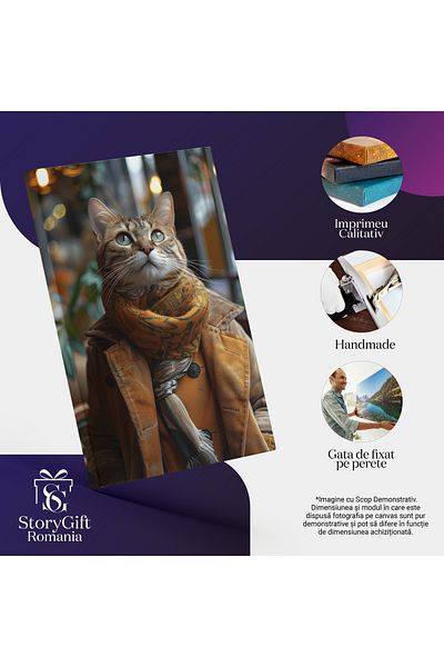 StoryGift Romania Tablou Canvas: Pisica Cu Privire Curioasa In Paton Si Fular Gros Cu Mainile In Buzunar Pictur