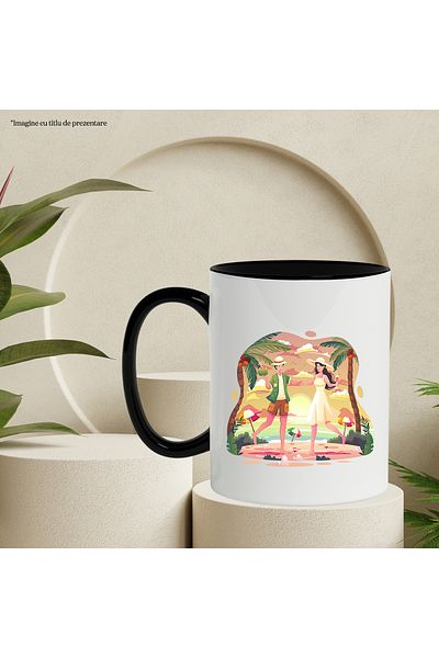 StoryGift Romania Mug With Vacation, Palm Tree, Couple, Umbrellas, Sunset, Large, Multicolor 330 ml, Ceramic, With ,STG