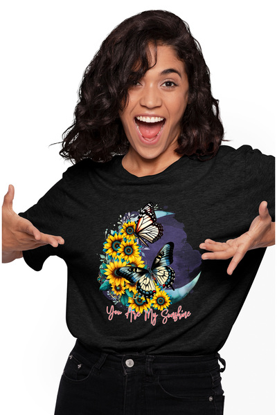StoryGift Romania Tricou Femei cu fluturi pe flori de floarea-soarelui cu mesajul "You are my Suns BLK_M