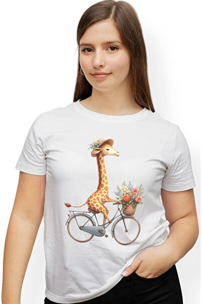 StoryGift Romania Tricou Femei Cu O Girafa Care Merge Cu Bicicleta, Ilustrati...