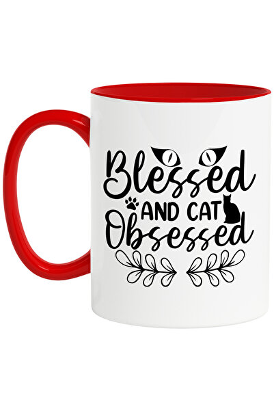 StoryGift Romania Cana Pentru Iubitorii De Pisici Cu Mesajul In Engleza "blessed And Cat Obsessed", Cu Maner Rosu Stg